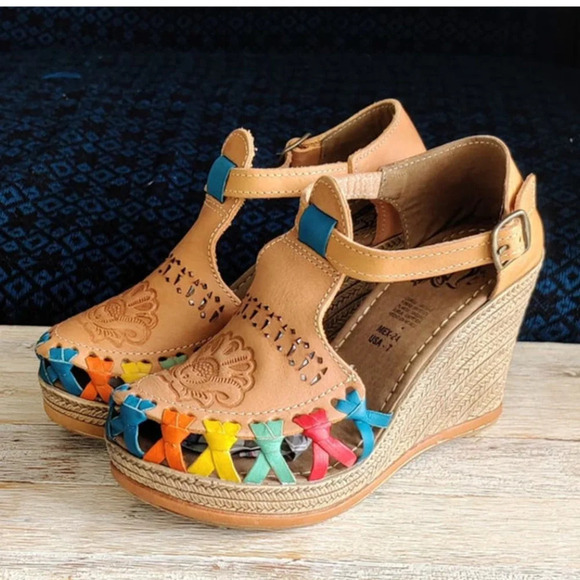 Handmade Shoes - Mexican Platform Espadrille Sandal Huarache Leather Tan with Colorful Accents 7M